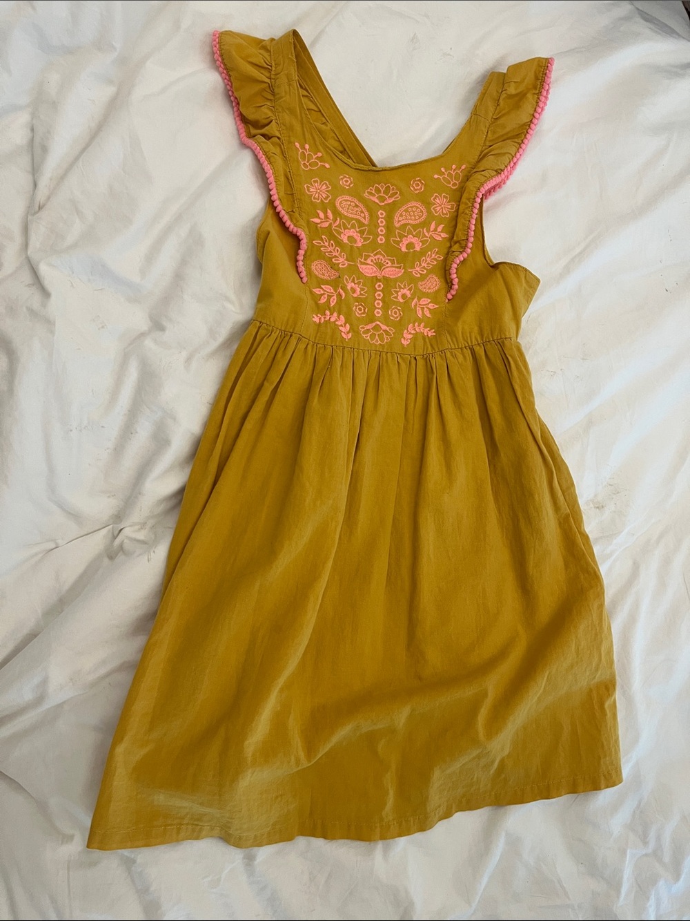 Kids' Mustard Yellow Embroidered Sundress with Pink Trim